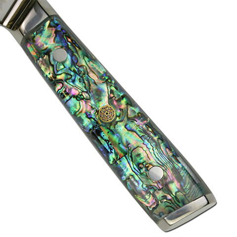 Awabi Nakiri Knife - Complete Knife with Abalone in Resin Handles and Mosaic Pin - AUS-10 Damascus Steel