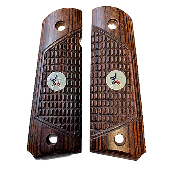 1911 Full Size Checkered Rosewood Combat Grips w/ Texas Star Medallions