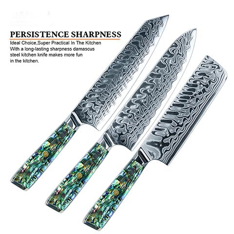 Awabi Kiritsuke Knife - Complete Knife with Abalone in Resin Handles and Mosaic Pin - AUS-10 Damascus Steel