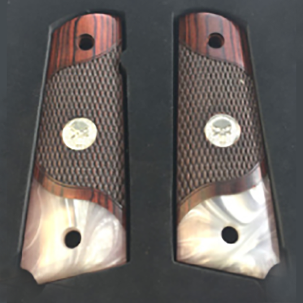 1911 Full Size Checkered Rosewood Grips Pearl Accent w/ Punisher Silver Medallion - WoodWorld of Texas