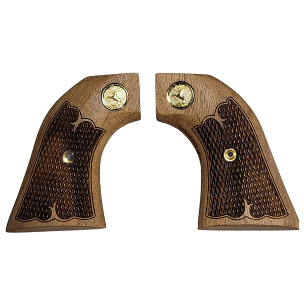 Colt Peacemaker Walnut Grips with Checkering and Colt Rampant Horse Gold Medallion - Un-Finished