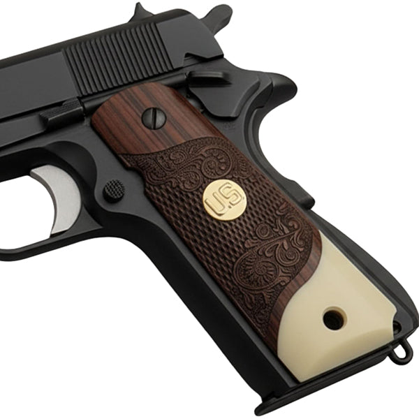 **1911 Full Size Checkered & Engraved Rosewood Grips w/ Acrylic Ivory Accent U.S. Medallion - WoodWorld of Texas
