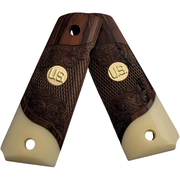 **1911 Full Size Checkered & Engraved Rosewood Grips w/ Acrylic Ivory Accent U.S. Medallion - WoodWorld of Texas