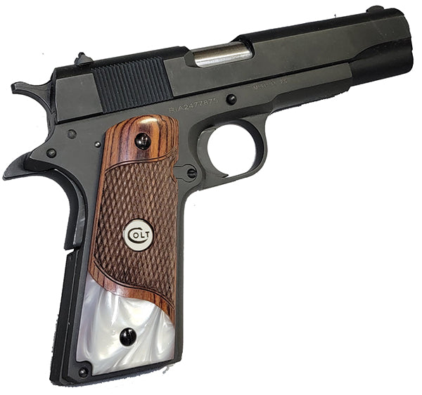 1911 Full Size Checkered Rosewood Grips Pearl Accent w/ Colt White Medallion - WoodWorld of Texas