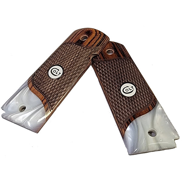 1911 Full Size Checkered Rosewood Grips Pearl Accent w/ Colt White Medallion - WoodWorld of Texas