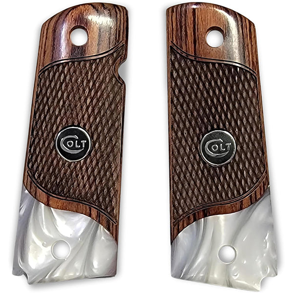 1911 Full Size Checkered Rosewood Grips Pearl Accent w/ Colt Black Medallion - WoodWorld of Texas