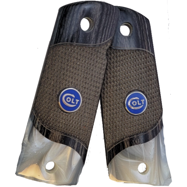 Black Rosewood 1911 Full Size Checkered Grips Pearl Accent w/ Colt Logo Blue Medallion - WoodWorld of Texas