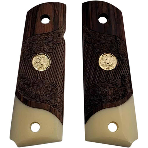 **1911 Full Size Checkered & Engraved Rosewood Grips w/ Acrylic Ivory Accent Colt Rampant Horse Gold Medallion - WoodWorld of Texas