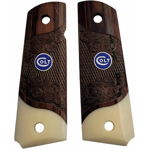 **1911 Full Size Checkered & Engraved Rosewood Grips w/ Acrylic Ivory Accent Colt Logo Blue Medallion - WoodWorld of Texas
