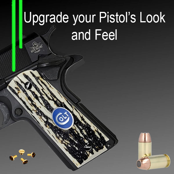 1911 Full Size Gun Grips Faux Mammoth Bark with Colt Logo Blue Medallion - WoodWorld of Texas