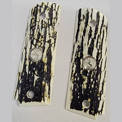1911 Full Size Gun Grips Faux Mammoth Bark with Colt Rampant Horse Silver Medallion - WoodWorld of Texas