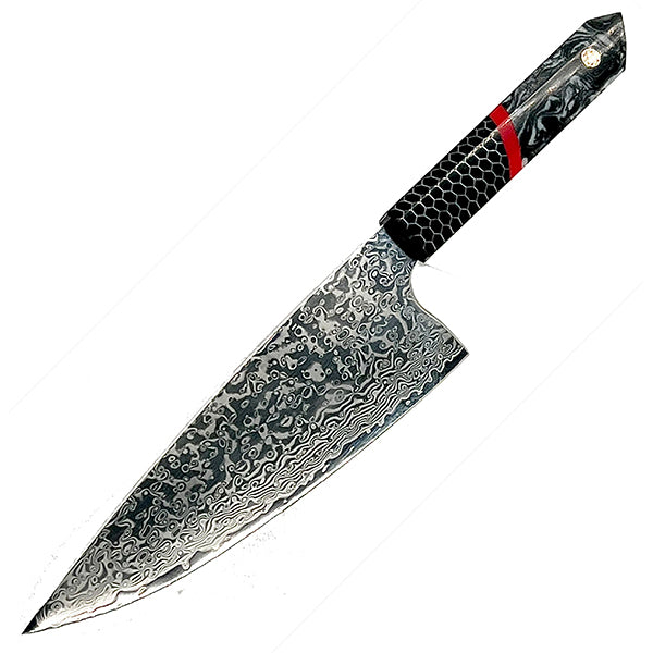 Tsunami Fat Gyuto Knife - Complete Knife with Honeycomb / Black & White Resin Octagonal Handles and Mosaic Pin - VG-10 Damascus Steel