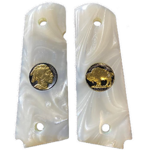 1911 Full Size Acrylic Faux Pearl Grips w/ Buffalo Nickel 24K Gold Plated Black Ruthnium - WoodWorld of Texas