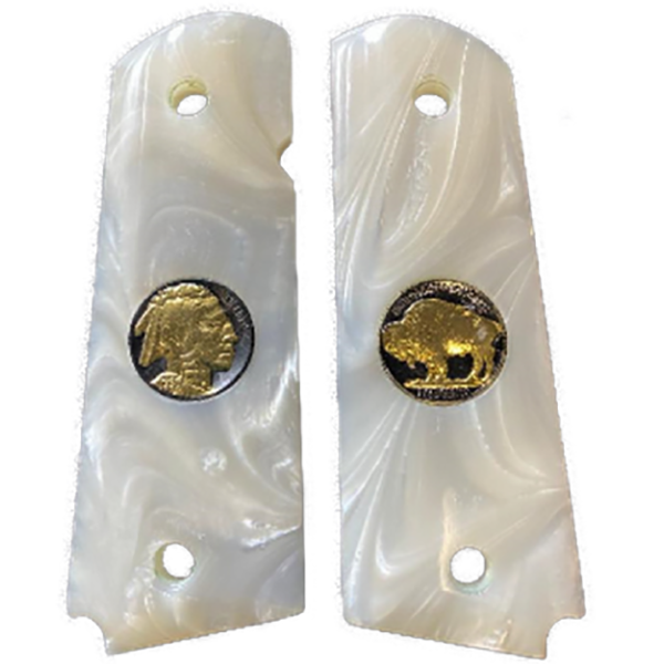 1911 Full Size Acrylic Faux Pearl Grips w/ Buffalo Nickel 24K Gold Plated Black Ruthnium - WoodWorld of Texas