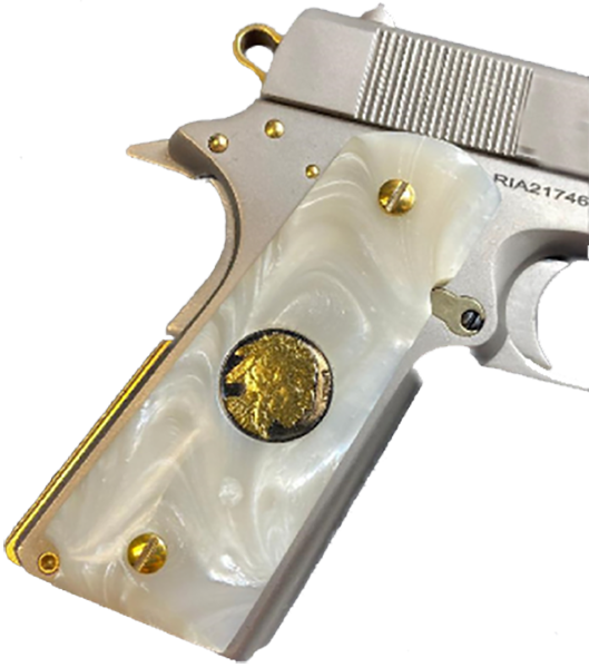 1911 Full Size Acrylic Faux Pearl Grips w/ Buffalo Nickel 24K Gold Plated Black Ruthnium - WoodWorld of Texas