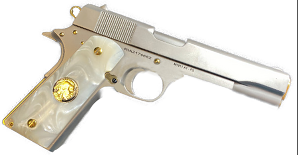 1911 Full Size Acrylic Faux Pearl Grips w/ Buffalo Nickel 24K Gold Plated Black Ruthnium - WoodWorld of Texas