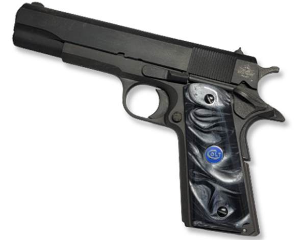 1911 Officer / Compact Size Acrylic Faux Black Pearl with Colt Logo Blue Medallion - WoodWorld of Texas