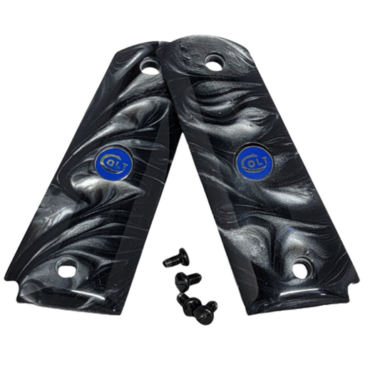 1911 Officer / Compact Size Acrylic Faux Black Pearl with Colt Logo Blue Medallion - WoodWorld of Texas