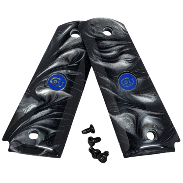 1911 Officer / Compact Size Acrylic Faux Black Pearl with Colt Logo Blue Medallion - WoodWorld of Texas