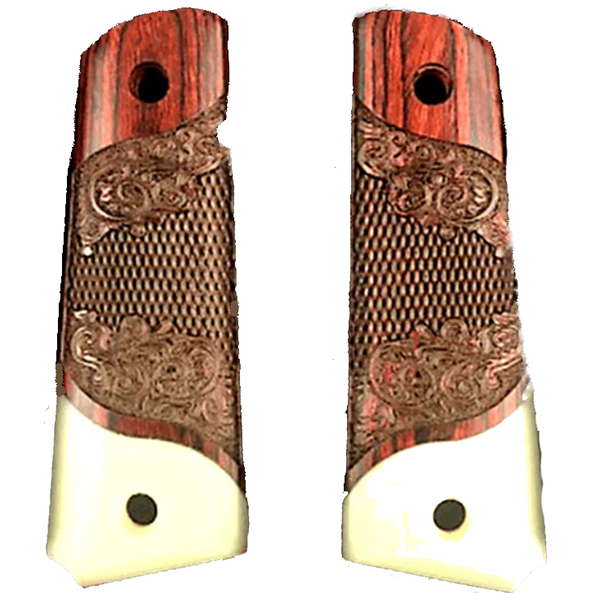 **1911 Full Size Checkered & Engraved Rosewood Grips w/ Acrylic Ivory Accent