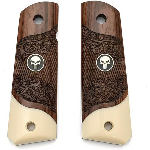 **1911 Full Size Checkered & Engraved Rosewood Grips w/ Acrylic Ivory Accent Punisher Black Medallion - WoodWorld of Texas