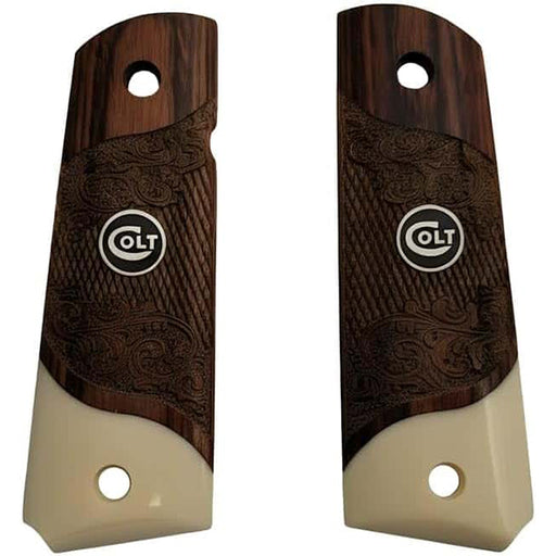**1911 Full Size Checkered & Engraved Rosewood Grips w/ Acrylic Ivory Accent Colt Logo Black Medallion - WoodWorld of Texas