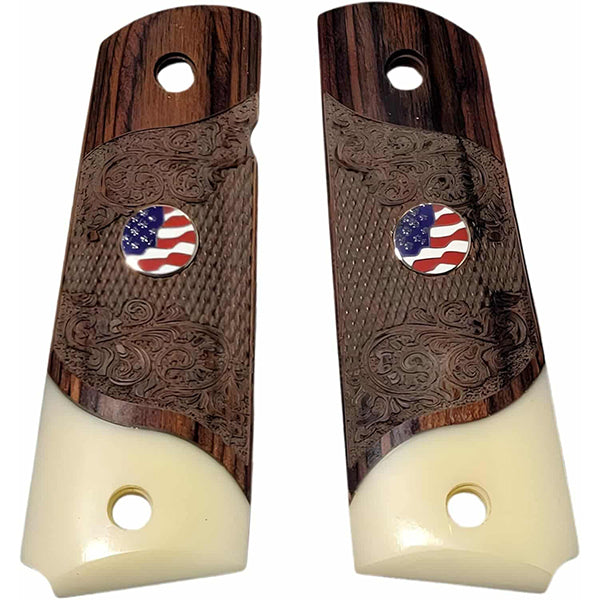 1911 Full Size Checkered & Engraved Rosewood Grips w/ Acrylic Ivory