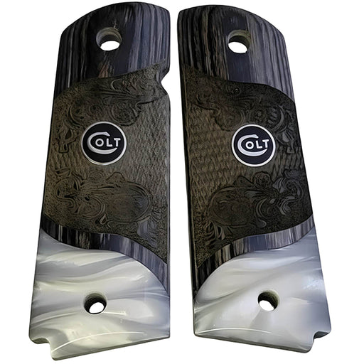 Black Rosewood 1911 Full Size Checkered & Engraved Grips Pearl Accent w/ Colt Logo Black Medallion - WoodWorld of Texas