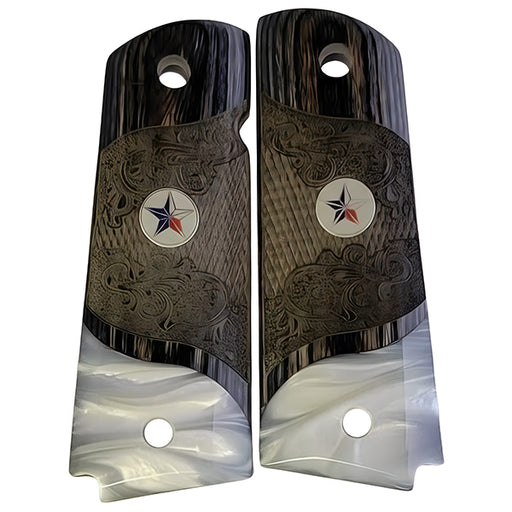 Black Rosewood 1911 Full Size Checkered & Engraved Grips Pearl Accent w/ Texas Starr Medallion - WoodWorld of Texas