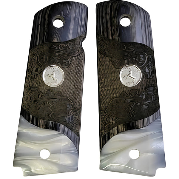 Black Rosewood 1911 Full Size Checkered & Engraved Grips Pearl Accent w/ Colt Rampant Horse Silver Medallion - WoodWorld of Texas