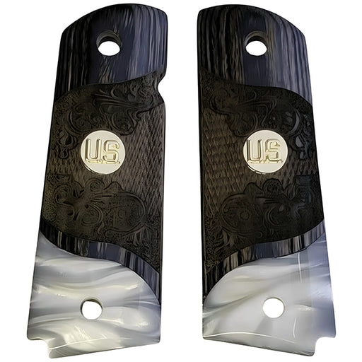 Black Rosewood 1911 Full Size Checkered & Engraved Grips Pearl Accent w/ U.S. Gold Medallion - WoodWorld of Texas
