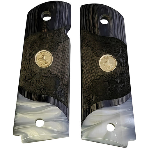 Black Rosewood 1911 Full Size Checkered & Engraved Grips Pearl Accent w/ Colt Rampant Horse Gold Medallion - WoodWorld of Texas