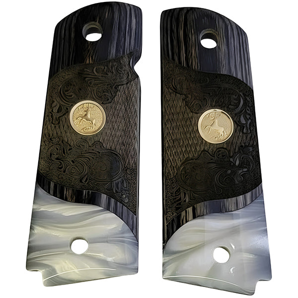 Black Rosewood 1911 Full Size Checkered & Engraved Grips Pearl Accent w/ Colt Rampant Horse Gold Medallion - WoodWorld of Texas