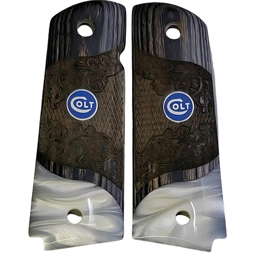 Black Rosewood 1911 Full Size Checkered & Engraved Grips Pearl Accent w/ Colt Logo Blue Medallion - WoodWorld of Texas