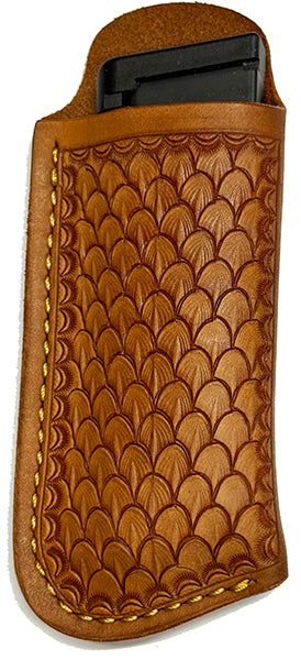 1911 - Single Magazine Single Stack Pouch/Case/Holder - Fish Scale Tooled - Belt Clip On - Tan -Made in Texas