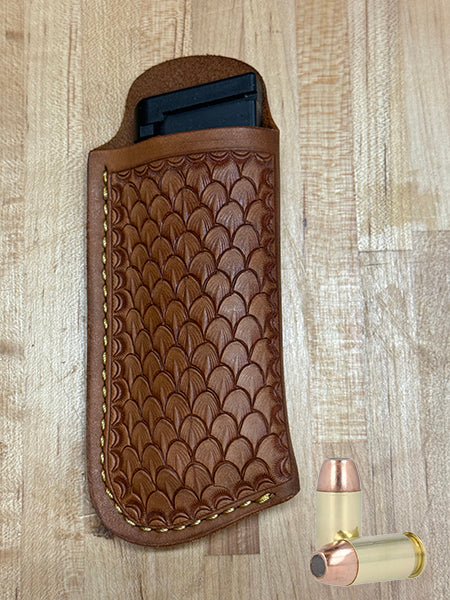 1911 - Single Magazine Single Stack Pouch/Case/Holder - Fish Scale Tooled - Belt Clip On - Tan -Made in Texas