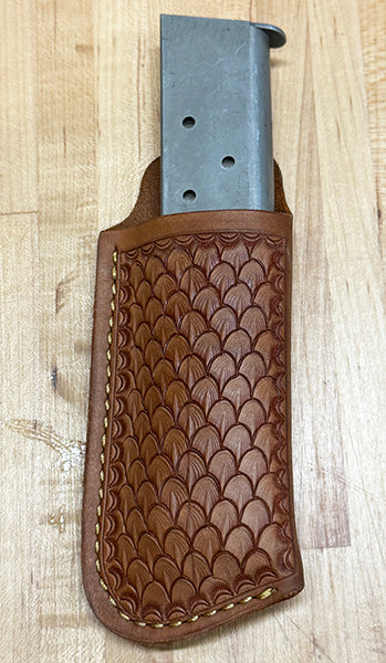 1911 - Single Magazine Single Stack Pouch/Case/Holder - Fish Scale Tooled - Belt Clip On - Tan -Made in Texas