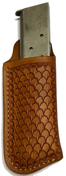 1911 - Single Magazine Single Stack Pouch/Case/Holder - Fish Scale Tooled - Belt Clip On - Tan -Made in Texas