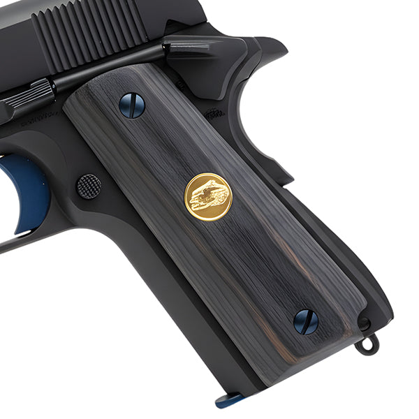Black Rosewood 1911 Full Size Grips Smooth Eagle Gold Medallion - WoodWorld of Texas