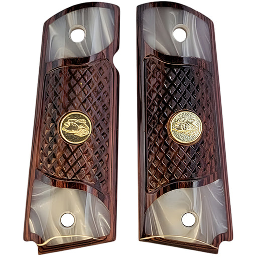 1911 Full Size Checkered Medium Rosewood Grips Pearl Accents with Eagle Gold Medallion - WoodWorld of Texas