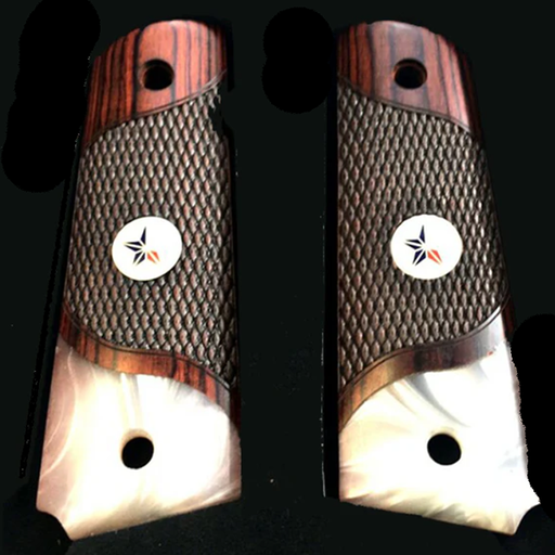 1911 Full Size Checkered Rosewood Grips Pearl Accent w/ Texas Star Medallions - WoodWorld of Texas