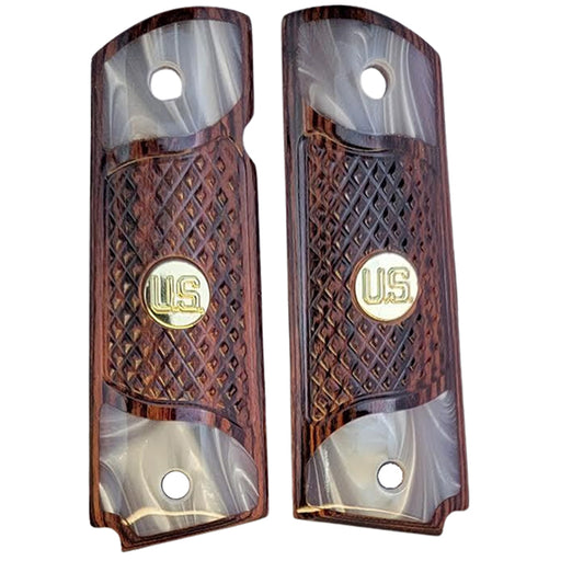 1911 Full Size Checkered Medium Rosewood Grips Pearl Accents with US Gold Medallion - WoodWorld of Texas