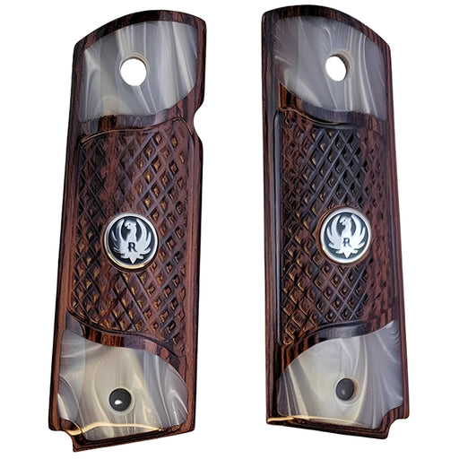 1911 Full Size Checkered Medium Rosewood Grips Pearl Accents with Ruger Black Medallion - WoodWorld of Texas