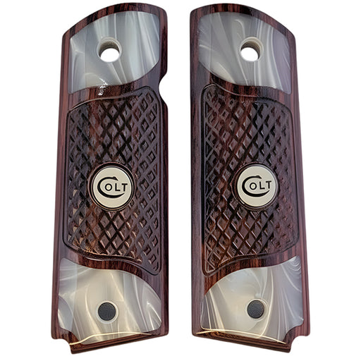 1911 Full Size Checkered Medium Rosewood Grips Pearl Accents with Colt Logo White Medallion - WoodWorld of Texas
