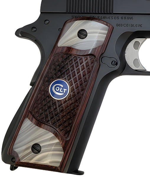 1911 Full Size Checkered Medium Rosewood Grips Pearl Accents with Colt Logo Blue Medallion - WoodWorld of Texas