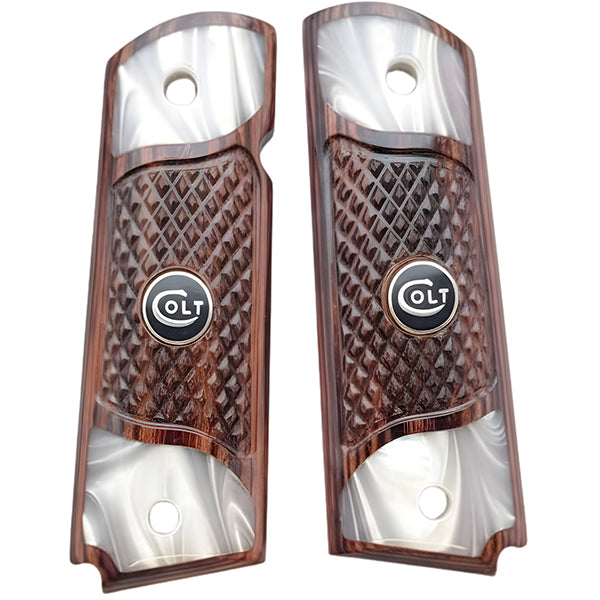 1911 Full Size Checkered Medium Rosewood Grips Pearl Accents with Colt Logo Black Medallion - WoodWorld of Texas