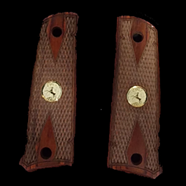 1911 Full Size Double Diamond Checkered Rosewood Grips w/ Colt Logo Fold Medallion - WoodWorld of Texas