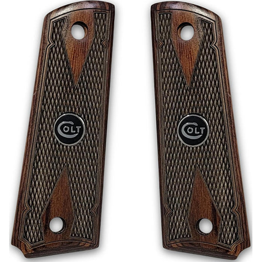 1911 Full Size Double Diamond Checkered Rosewood Grips w/ Colt Logo Black Medallion - WoodWorld of Texas