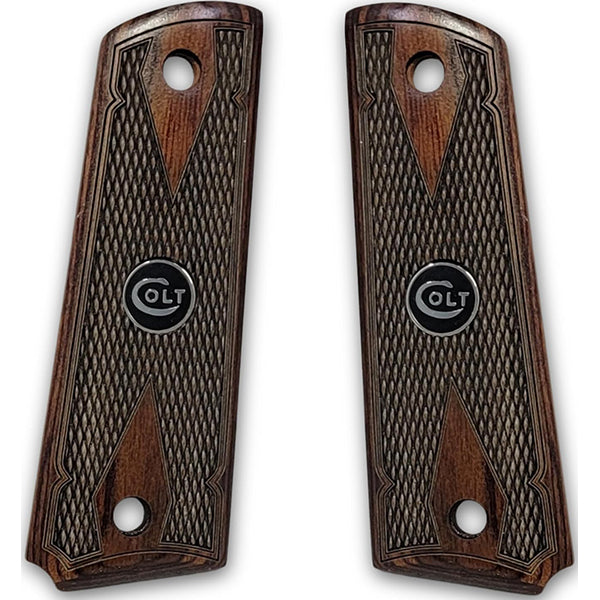 1911 Full Size Double Diamond Checkered Rosewood Grips w/ Colt Logo Black Medallion - WoodWorld of Texas