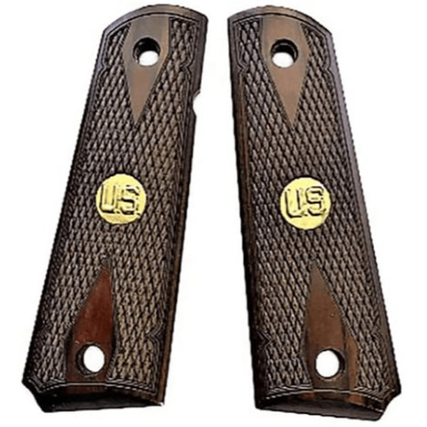 1911 Full Size Double Diamond Checkered Rosewood Grips w/ US Gold Medallion - WoodWorld of Texas